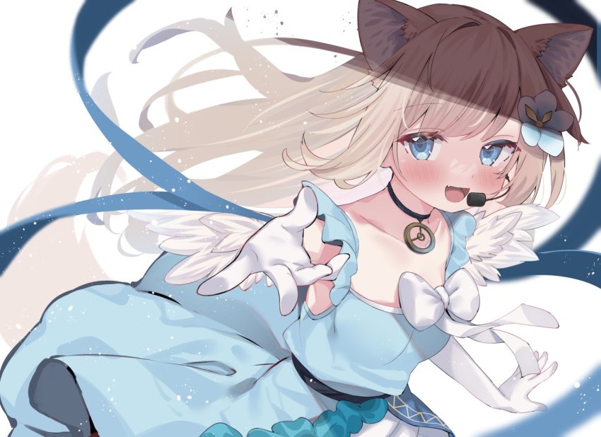 1girl, animal_ear_fluff, animal_ears, blonde_hair, blue_eyes, clock_hands, commission, dress, eip_(pepai), fake_wings, fang, flower, fox_ears, fox_girl, fox_tail, frilled_dress, frills, gloves, hair_flower, hair_ornament, headset, idol, idol_clothes, jewelry, long_hair, microphone, music, pendant, prism_project, singing, skeb_commission, solo, symbol-shaped_pupils, tail, tokimori_aoi, virtual_youtuber, white_gloves, wings