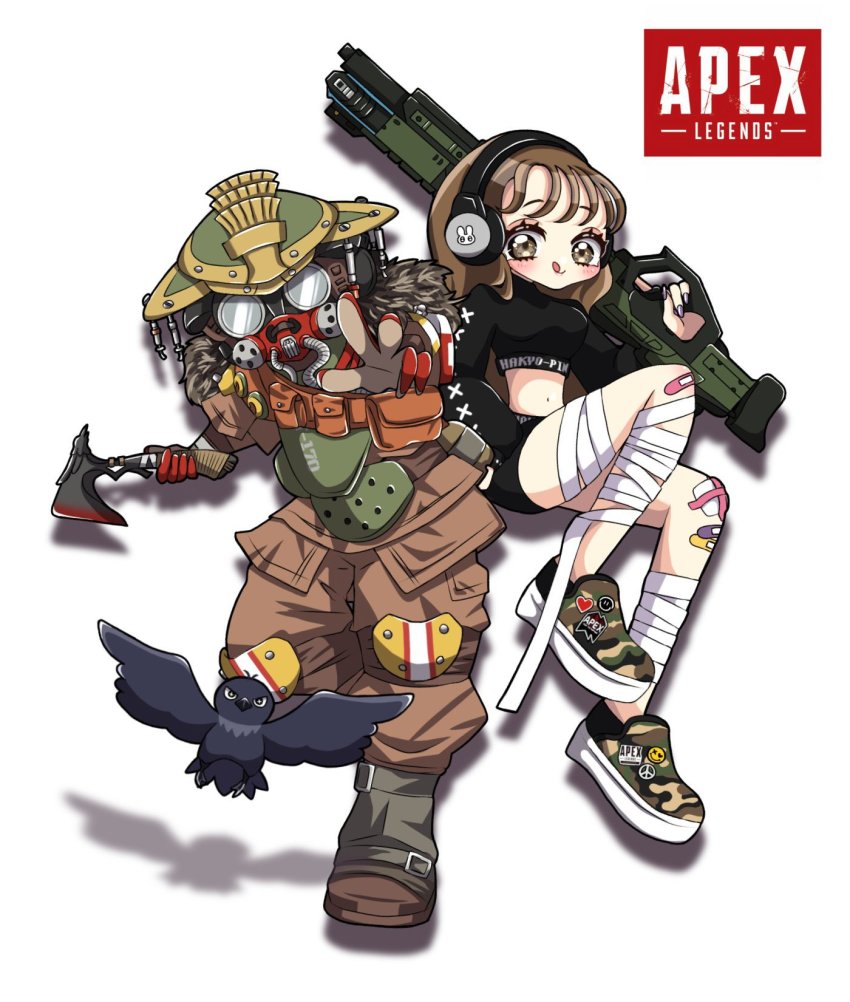 1girl, 1other, apex_legends, axe, bird, black_shirt, black_shorts, bloodhound_(apex_legends)