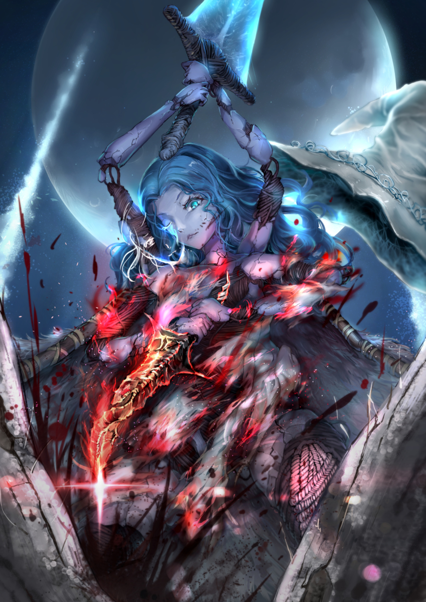 1girl, blood, blue_eyes, blue_hair, blue_skin, breasts, colored_skin, cracked_skin, doll_joints, dress, elden_ring, extra_arms, extra_faces, greatsword, hat, highres, joints, knife, long_hair, looking_at_viewer, moon, night, one_eye_closed, ranni_the_witch, rod_(wayfirecmo19), smile, solo, sword, torn_clothes, two_fingers_(elden_ring), weapon, white_dress, witch_hat