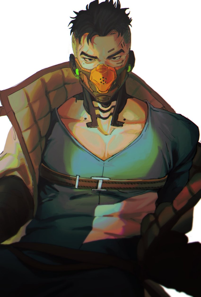 1boy, apex_legends, bara, black_eyes, black_hair, blue_shirt, chinese_commentary, collarbone
