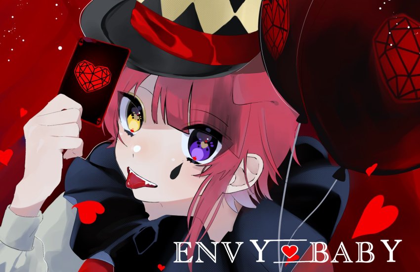 1boy, card, envy_baby_(vocaloid), facial_mark, fang, hat, heart, heterochromia