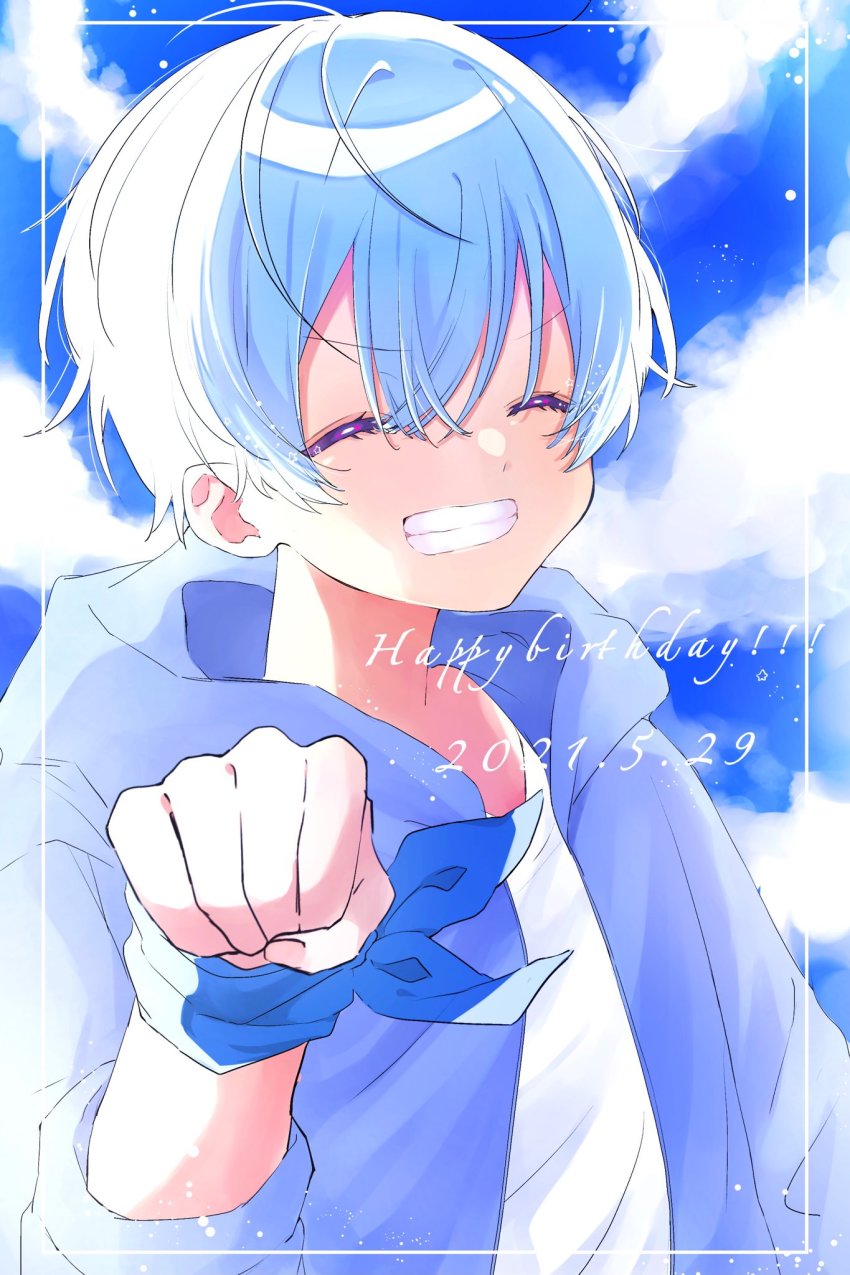 1boy, bandana, birthday, blue_hair, cloud, cloudy_sky, colon_(stpri), closed_eyes
