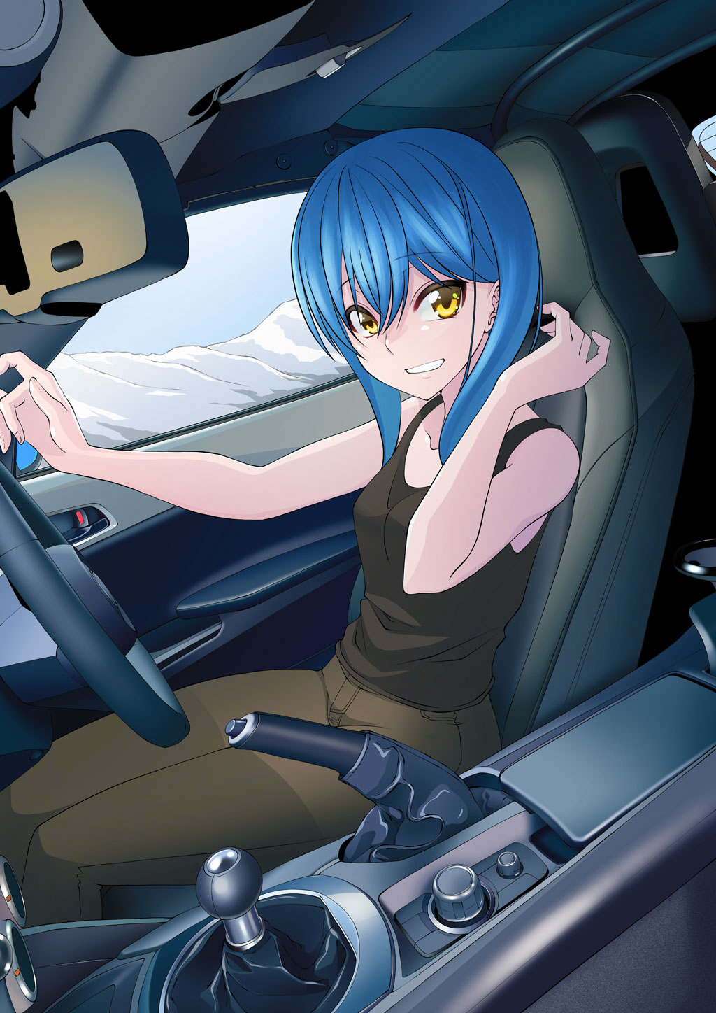 1girl, bare_arms, bare_shoulders, black_pants, black_tank_top, blue_hair, car_interior, collarbone