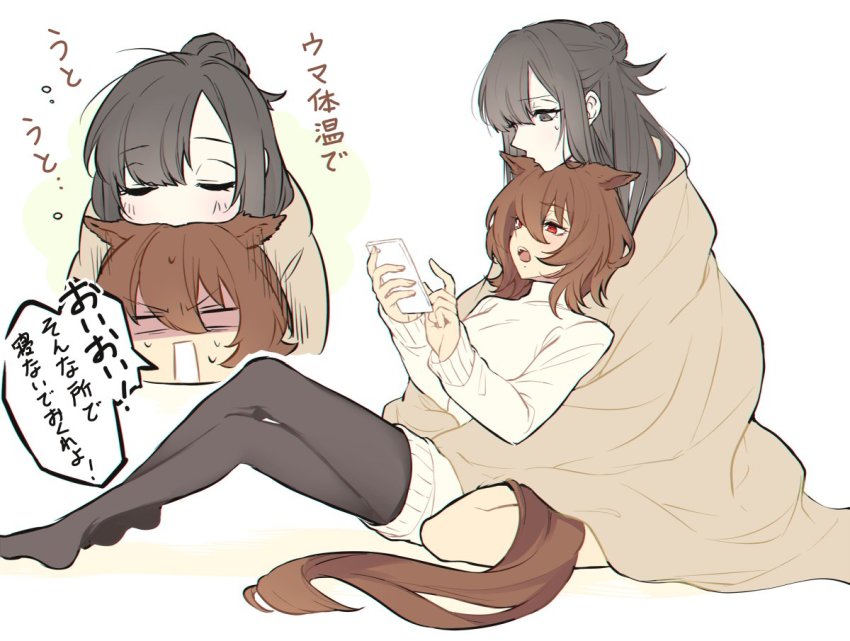 2girls, agnes_tachyon_(umamusume), animal_ears, asymmetrical_bangs, bangs_pinned_back, biting, black_hair, black_legwear