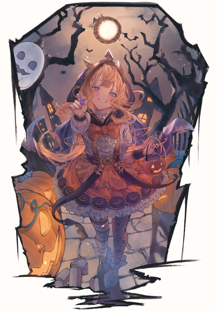1girl, absurdres, bare_tree, basket, betanonbeet, black_cape, blonde_hair, blush, border, bow, bowtie, bug, building, cagliostro_(granblue_fantasy), cagliostro_(halloween)_(granblue_fantasy), candy, cape, cobblestone, commentary, dress, english_commentary, fence, food, frilled_dress, frills, full_body, full_moon, ghost, giving, granblue_fantasy, grin, halloween, halloween_bucket, head_tilt, highres, holding, holding_basket, holding_candy, holding_food, hood, hood_up, hooded_cape, long_hair, looking_at_viewer, moon, night, orange_bow, orange_bowtie, orange_dress, outdoors, outstretched_hand, puffy_short_sleeves, puffy_sleeves, pumpkin, pumpkin_print, purple_eyes, short_sleeves, simple_background, sky, smile, solo, spider, tree, white_background