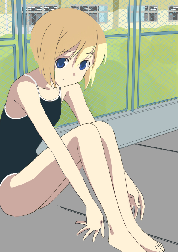 1girl, bad_id, bad_pixiv_id, banzai_nekomimi, barefoot, blonde_hair, blue_eyes, chain-link_fence