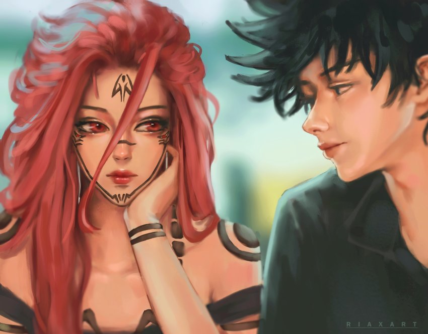 1boy, 1girl, arm_tattoo, artist_name, bare_shoulders, black_eyes, black_hair, black_nails