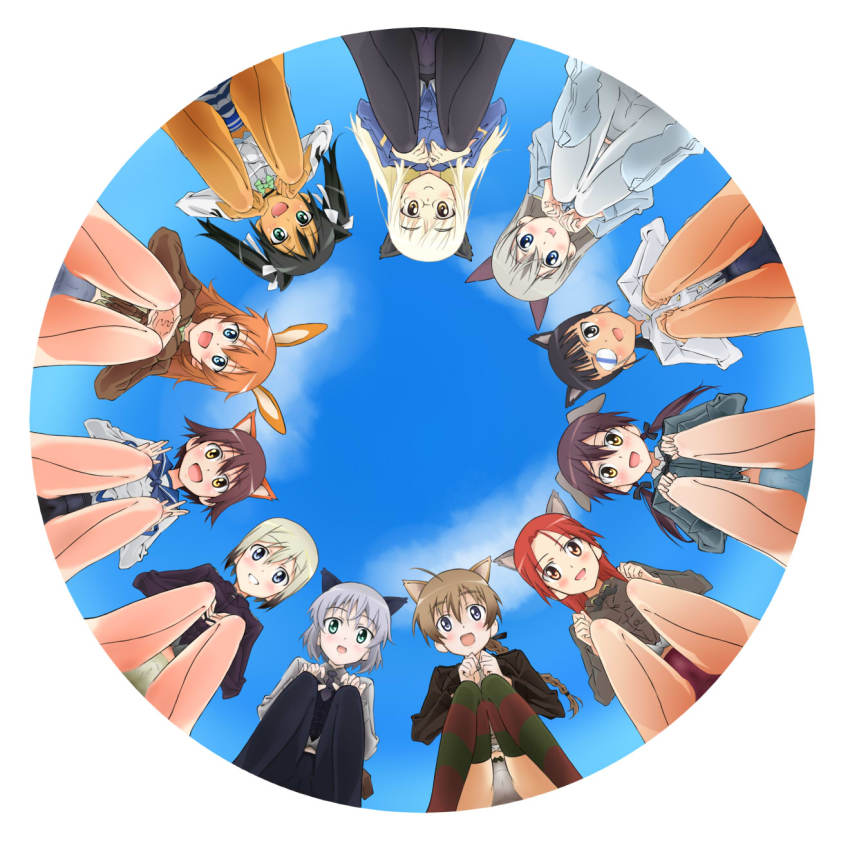 501st_joint_fighter_wing, 6+girls, animal_ears, bad_id, bad_pixiv_id, banzai_nekomimi, black_hair, black_pantyhose, blonde_hair, blue_eyes, braid, brown_eyes, brown_hair, charlotte_e._yeager, circle_formation, eila_ilmatar_juutilainen, erica_hartmann, everyone, eyepatch, fang, francesca_lucchini, from_below, gertrud_barkhorn, glasses, green_eyes, highres, long_hair, looking_at_viewer, looking_down, lynette_bishop, minna-dietlinde_wilcke, miyafuji_yoshika, multiple_girls, open_mouth, orange_hair, panties, panties_under_pantyhose, pantyhose, perrine_h._clostermann, rabbit_girl, red_hair, sakamoto_mio, sanya_v._litvyak, short_hair, silver_hair, single_braid, sky, squatting, strike_witches, striped_clothes, striped_panties, underwear, uniform, world_witches_series