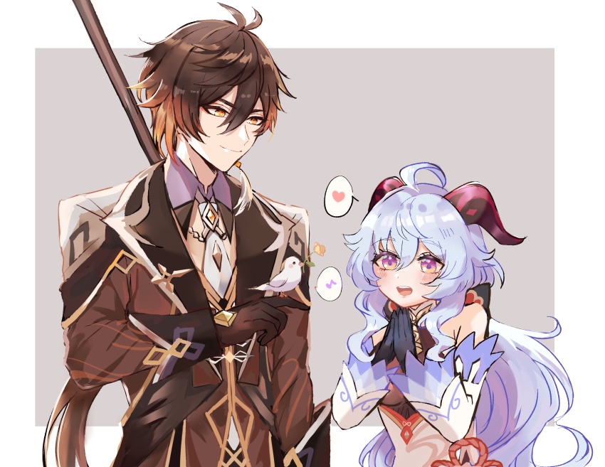 1boy, 1girl, ahoge, bare_shoulders, bell, bird, black_gloves, black_hair, blue_hair, blush, bow, breasts, brown_hair, collared_shirt, detached_sleeves, formal_clothes, ganyu_(genshin_impact), genshin_impact, gloves, gold_trim, gradient_hair, heart, highres, horns, long_hair, looking_at_another, looking_to_the_side, low_ponytail, medium_breasts, multicolored_hair, neck_bell, necktie, own_hands_together, ponytail, purple_eyes, shirt, sidelocks, smile, suit, tere_(391923), upper_body, white_sleeves, zhongli_(genshin_impact)