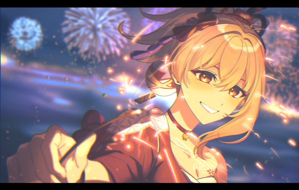1girl, blonde_hair, blurry, blurry_background, blush, breasts, choker, fireworks