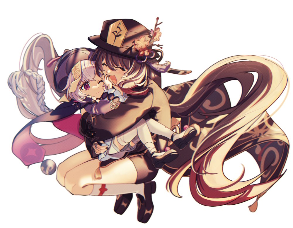 2girls, bead_necklace, beads, black_nails, black_shorts, blush, braid, brown_hair