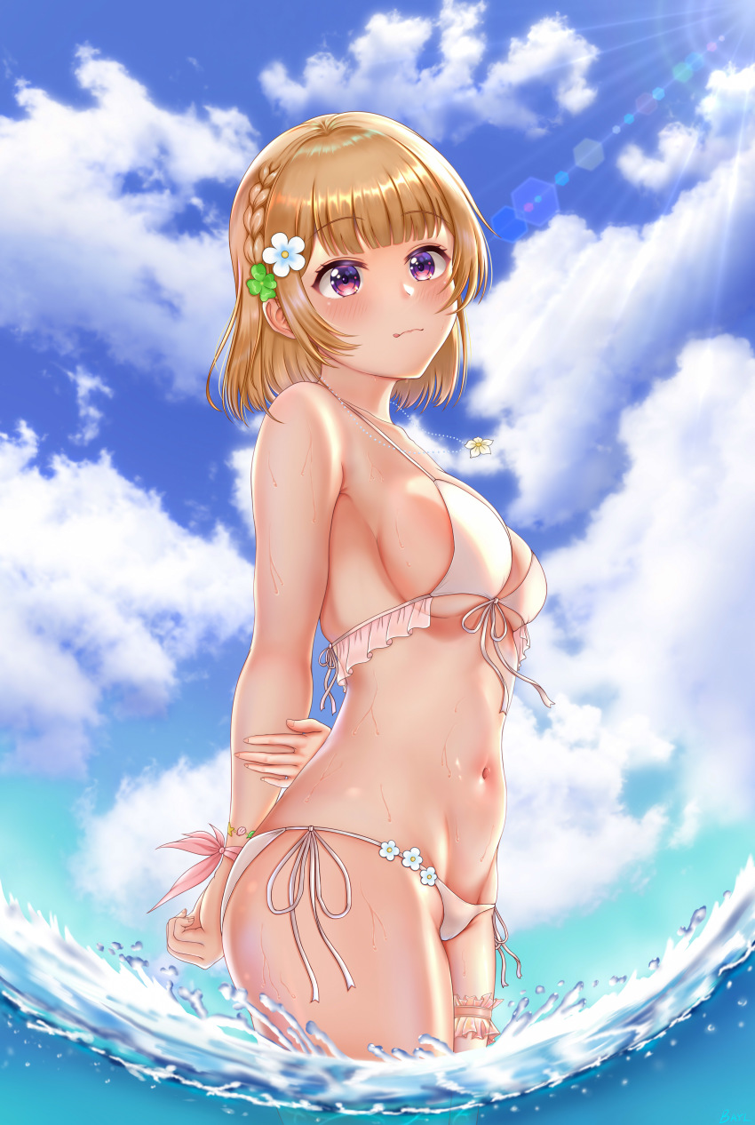 1girl, absurdres, bikini, blue_sky, blunt_bangs, bracelet, braid, breasts