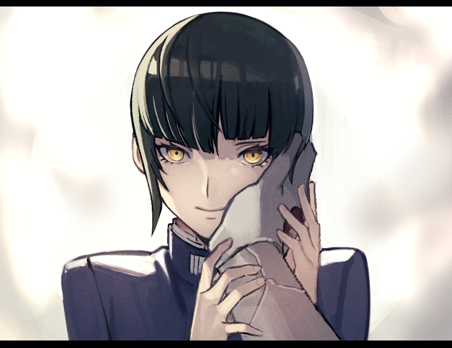 2boys, androgynous, aogami_(megami_tensei), backlighting, black_hair, blue_jacket, closed_mouth, commentary_request
