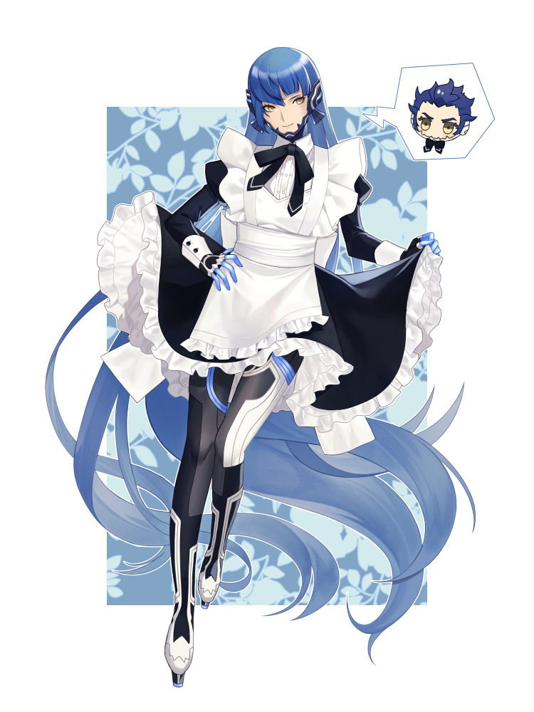 2boys, alternate_costume, aogami_(megami_tensei), apron, black_dress, blue_hair, bodysuit, border