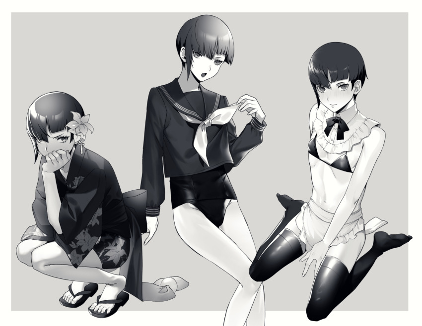 1boy, alternate_costume, apron, arm_support, armpit_crease, bare_legs, between_legs, bikini, black_bikini, black_serafuku, blush, border, bow, bowtie, commentary_request, covered_erect_nipples, crossdressing, crossdressing_(mtf), enmaided, feet, flower, grey_background, greyscale, hair_flower, hair_ornament, hand_between_legs, hand_on_own_face, japanese_clothes, kimono, legs, lily_(flower), long_sleeves, looking_at_viewer, looking_to_the_side, maid, male_focus, male_maid, monochrome, morimiya_(kuroro), multiple_views, navel, no_shoes, one-piece_swimsuit, protagonist_(smtv), protagonist_(student)_(smtv), sandals, school_uniform, serafuku, shadow, shin_megami_tensei, shin_megami_tensei_v, single_sidelock, sitting, smile, squatting, swimsuit, swimsuit_under_clothes, thighhighs, thighs, toes, trap, wariza, white_border, yukata