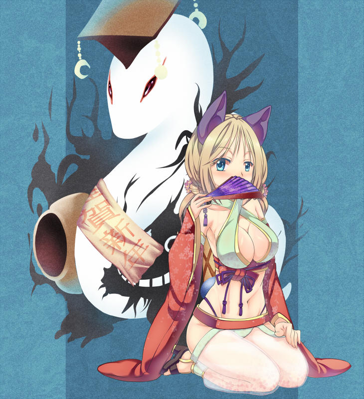 1girl, adapted_costume, animal_ears, bikini, blonde_hair, blue_background, blue_eyes, breasts, cat_ears, chinese_clothes, cleavage, closed_eyes, commentary_request, dated_commentary, demon, detached_sleeves, evil_snake_lord, fan_over_face, floral_print, folding_fan, full_body, green_bikini, guan_hat, gypsy_(ragnarok_online), halterneck, hand_fan, jar, kawagoe_pochi, large_breasts, long_hair, mian_guan, monster, navel, ofuda, print_sleeves, ragnarok_online, red_sleeves, sandals, see-through_clothes, seiza, sitting, snake, swimsuit, white_snake