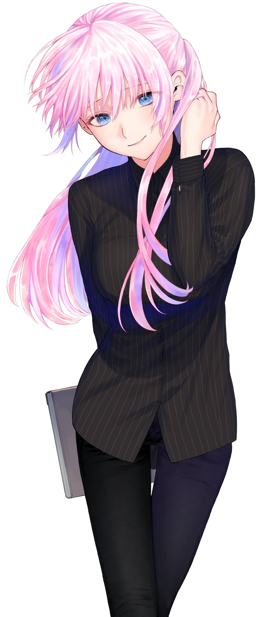 1girl, adjusting_hair, black_pants, black_shirt, blue_eyes, breasts, closed_mouth, collared_shirt