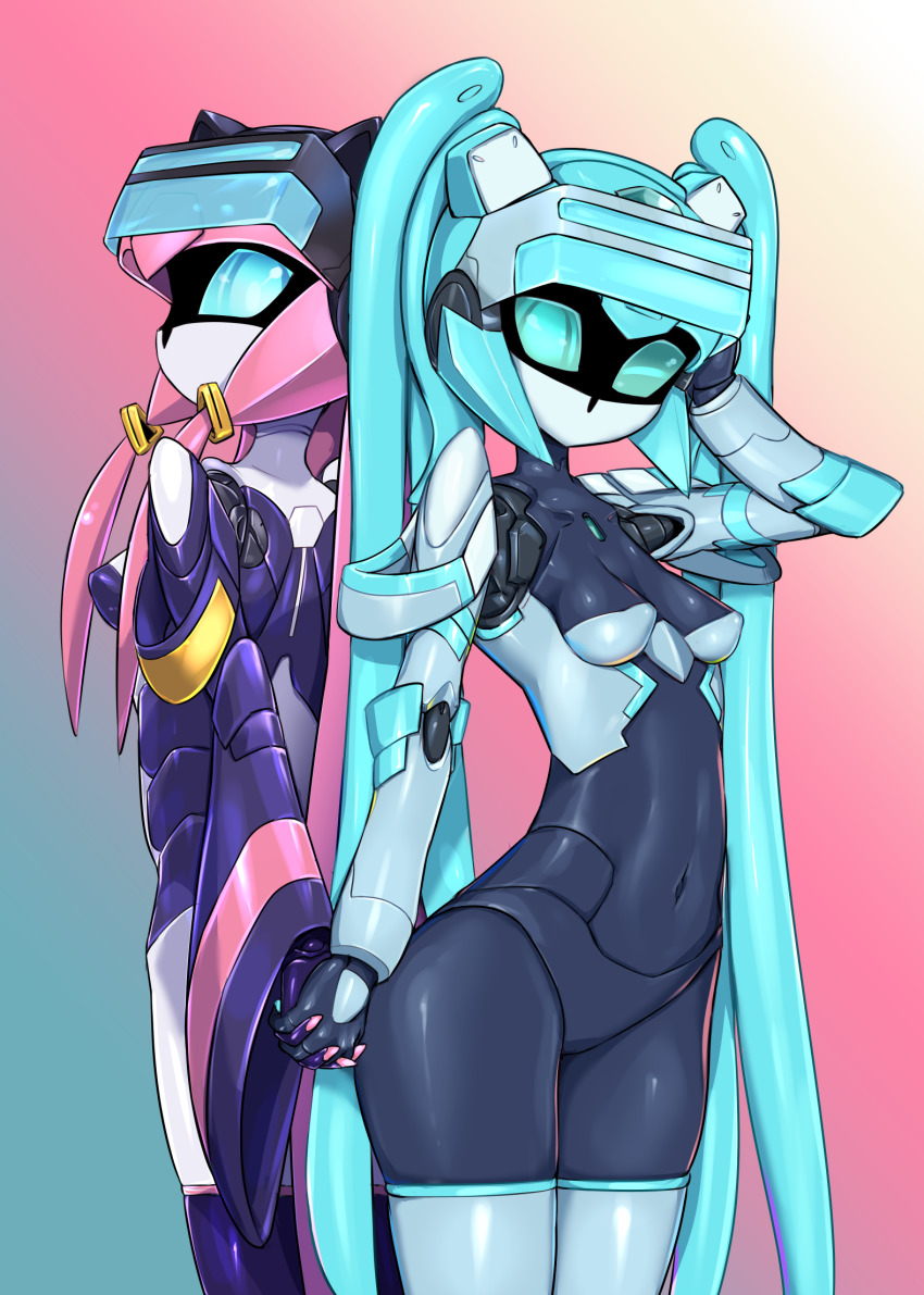 2girls, back-to-back, black_skin, blue_hair, breasts, colored_skin, covered_erect_nipples, fei-yen, gradient_background, grey_legwear, hand_up, hatsune_miku, highres, humanoid_robot, interlocked_fingers, joints, long_hair, long_sleeves, looking_at_viewer, multiple_girls, navel, no_mouth, pink_background, pink_hair, pochincoff, robot, robot_joints, small_breasts, thighhighs, very_long_hair, virtual_on, vocaloid, wide_sleeves