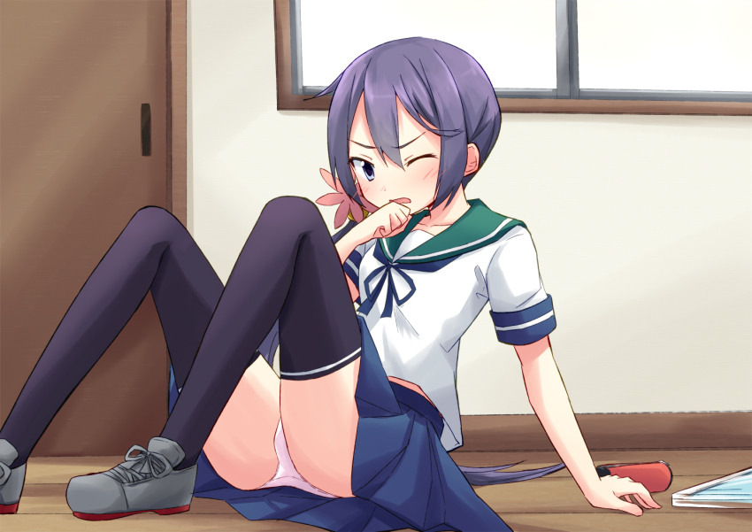 1girl, akebono_(kancolle), akebono_kai_(kancolle), bell, black_thighhighs, blue_skirt, flower, hair_bell