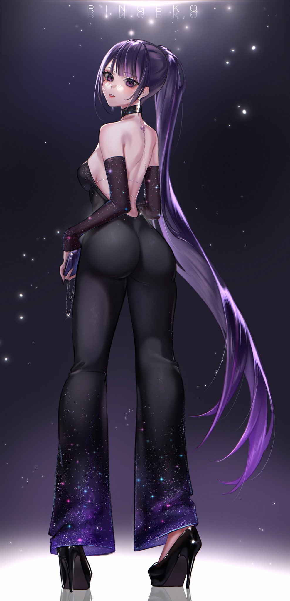 1girl, alternate_hairstyle, artist_name, ass, back_tattoo, backless_outfit, bag, bare_back