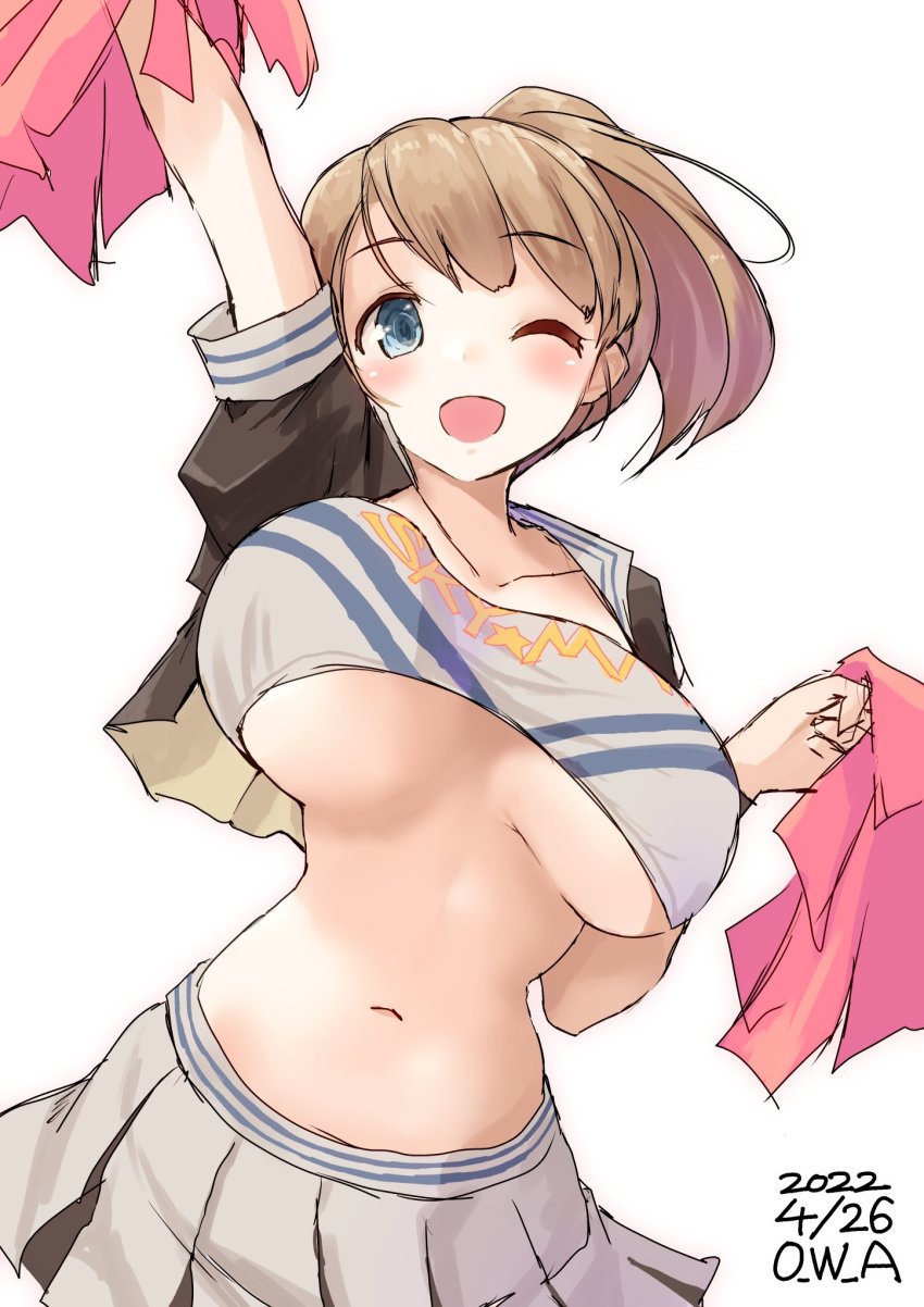 1girl, armpits, blue_eyes, bouncing_breasts, breasts, brown_hair, cheerleader, clothes_writing, cowboy_shot, crop_top, highres, holding, holding_pom_poms, intrepid_(kancolle), kantai_collection, large_breasts, looking_at_viewer, midriff, miniskirt, one-hour_drawing_challenge, owa_(ishtail), pleated_skirt, pom_pom_(cheerleading), pom_poms, ponytail, shirt, short_hair, simple_background, skirt, solo, takaramonozu, underboob, white_background, white_shirt
