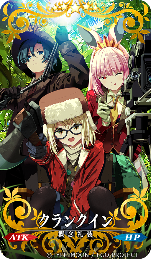 3girls, :d, animal_ears, aqua_eyes, blonde_hair, commentary_request, craft_essence_(fate), earmuffs