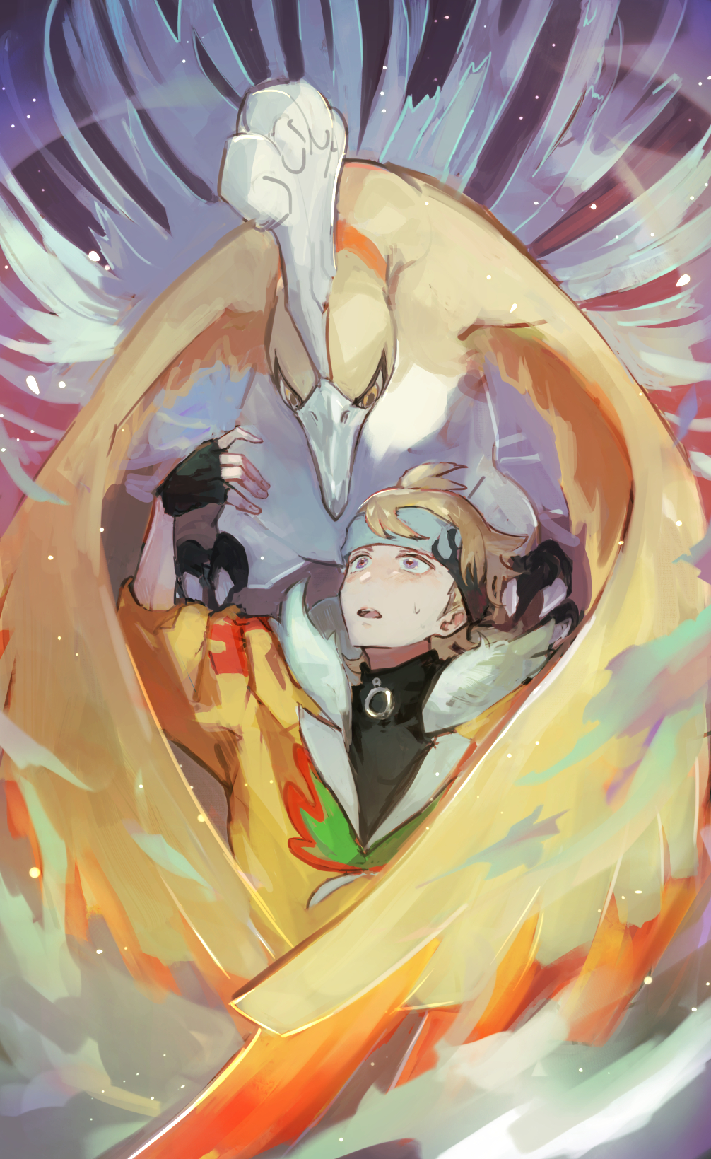 1boy, alternate_color, arm_up, black_gloves, black_shirt, blonde_hair, fingerless_gloves, gen_2_pokemon