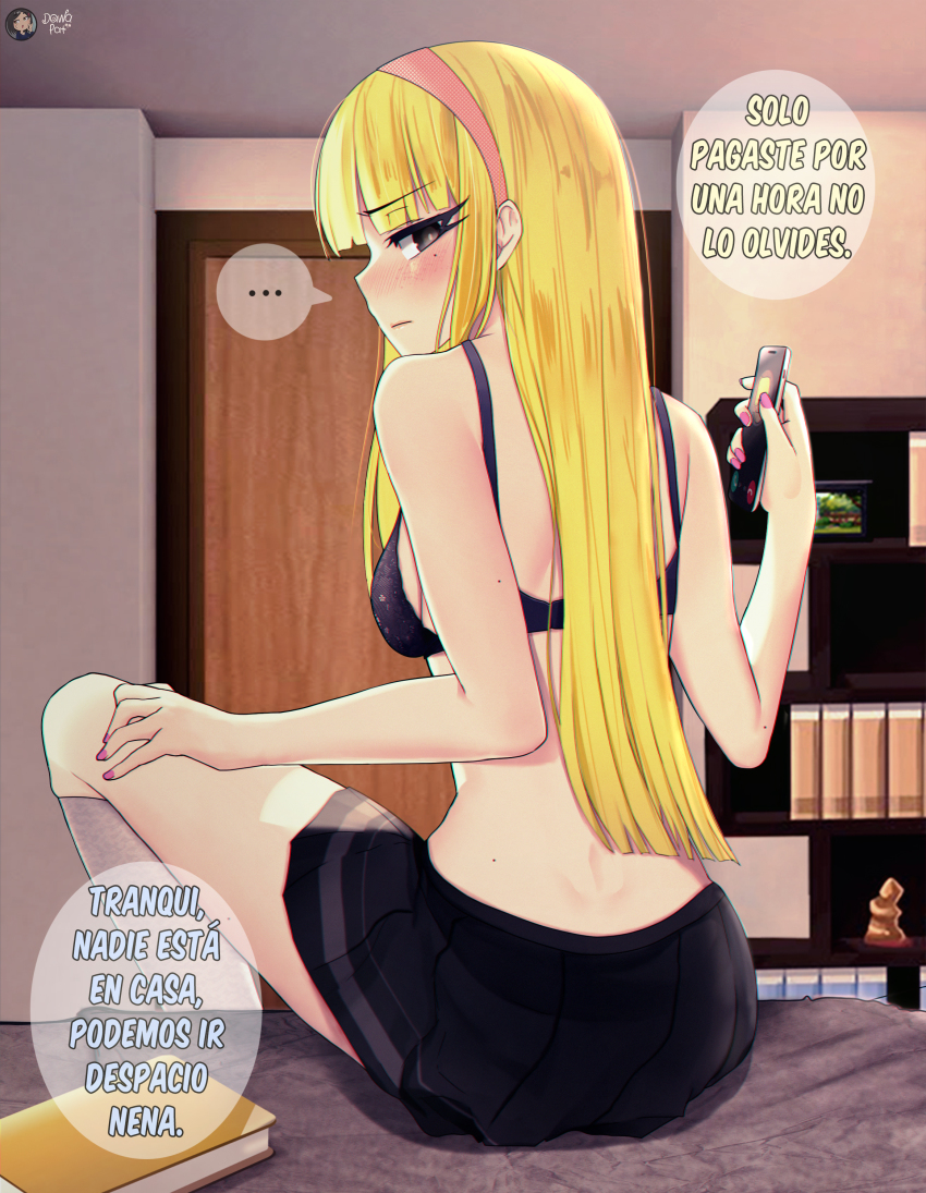 1girl, absurdres, bare_arms, bare_shoulders, bed, black_bra, black_skirt, blonde_hair, blunt_bangs, blush, book, bra, brad_buttowski, brown_eyes, cellphone, closed_mouth, commentary_request, dawapat, door, from_behind, grey_socks, hairband, hand_up, highres, holding, indoors, kendall_perkins, kick_buttowski, kneehighs, long_hair, looking_back, md5_mismatch, miniskirt, mole, mole_under_eye, nail_polish, phone, pink_hairband, pink_nails, pleated_skirt, prostitution, resolution_mismatch, shelf, sitting, skirt, smartphone, socks, source_smaller, speech_bubble, traced, translated, underwear