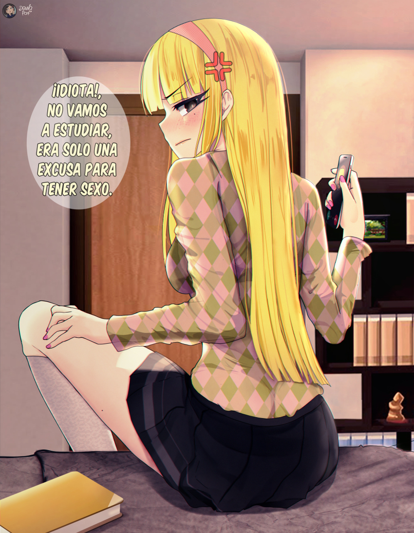 1girl, absurdres, anger_vein, argyle_clothes, argyle_sweater, bed, black_skirt, blonde_hair, blunt_bangs, blush, book, brown_eyes, cellphone, closed_mouth, commentary_request, dawapat, door, from_behind, grey_socks, hairband, hand_up, highres, holding, indoors, kendall_perkins, kick_buttowski, kneehighs, long_hair, looking_back, md5_mismatch, miniskirt, mole, mole_under_eye, nail_polish, phone, pink_hairband, pink_nails, plaid_clothes, plaid_sweater, pleated_skirt, resolution_mismatch, shelf, sitting, skirt, smartphone, socks, source_smaller, speech_bubble, sweater, traced, translated