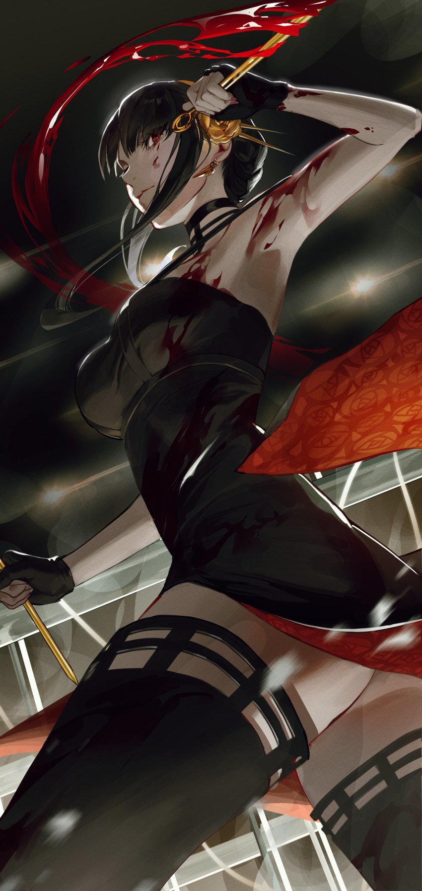 1girl, absurdres, armpits, black_dress, black_hair, black_thighhighs, blood, blood_on_clothes