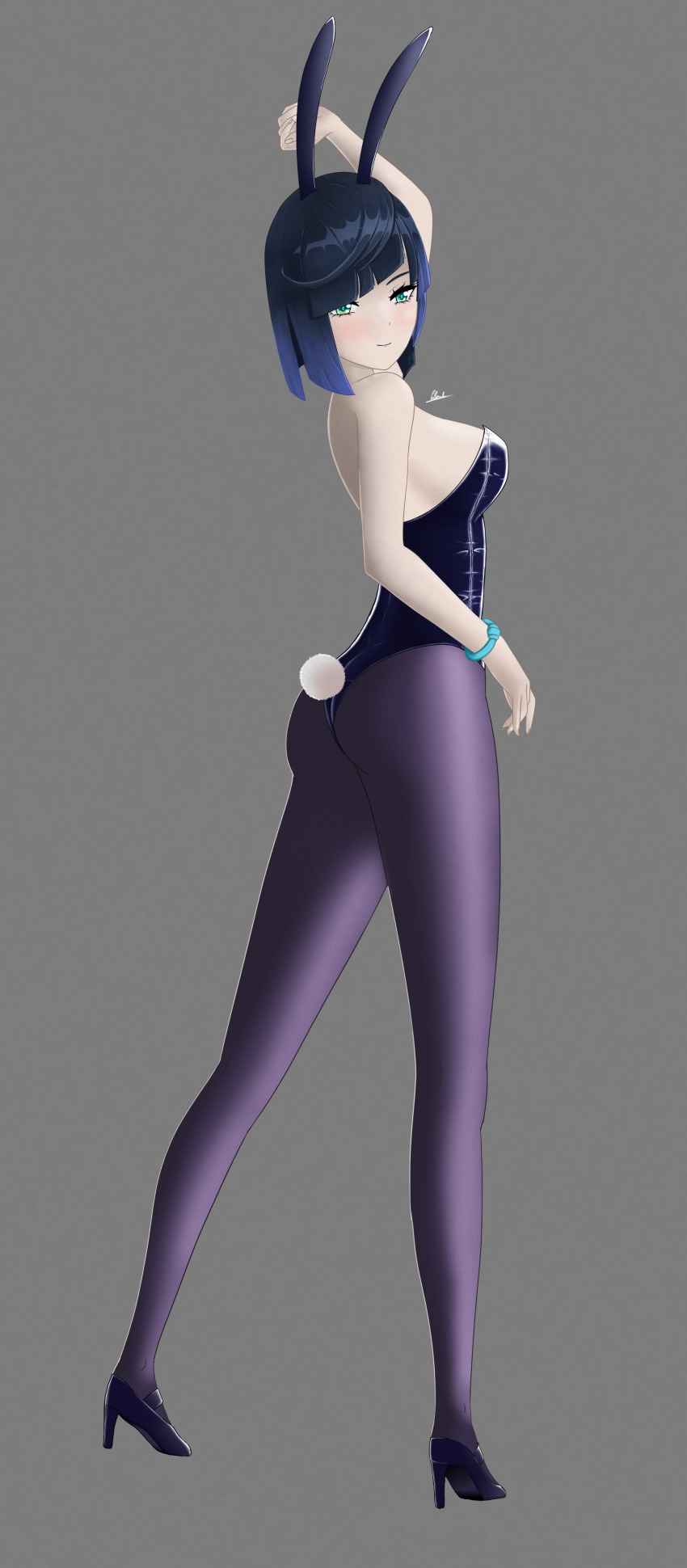 1girl, _(genshin_impact), absurdres, ass, bra, bracelet, breasts, collarbone, female_focus, fingernails, genshin_impact, grey_background, hair_ornament, high_heels, highres, jewelry, kaoyu, large_breasts, lingerie, looking_at_viewer, mihoyo, navel, pantyhose, playboy_bunny, rabbit_ears, rabbit_hair_ornament, ribs, shoes, short_hair, signature, simple_background, solo, underwear, yelan_(genshin_impact)