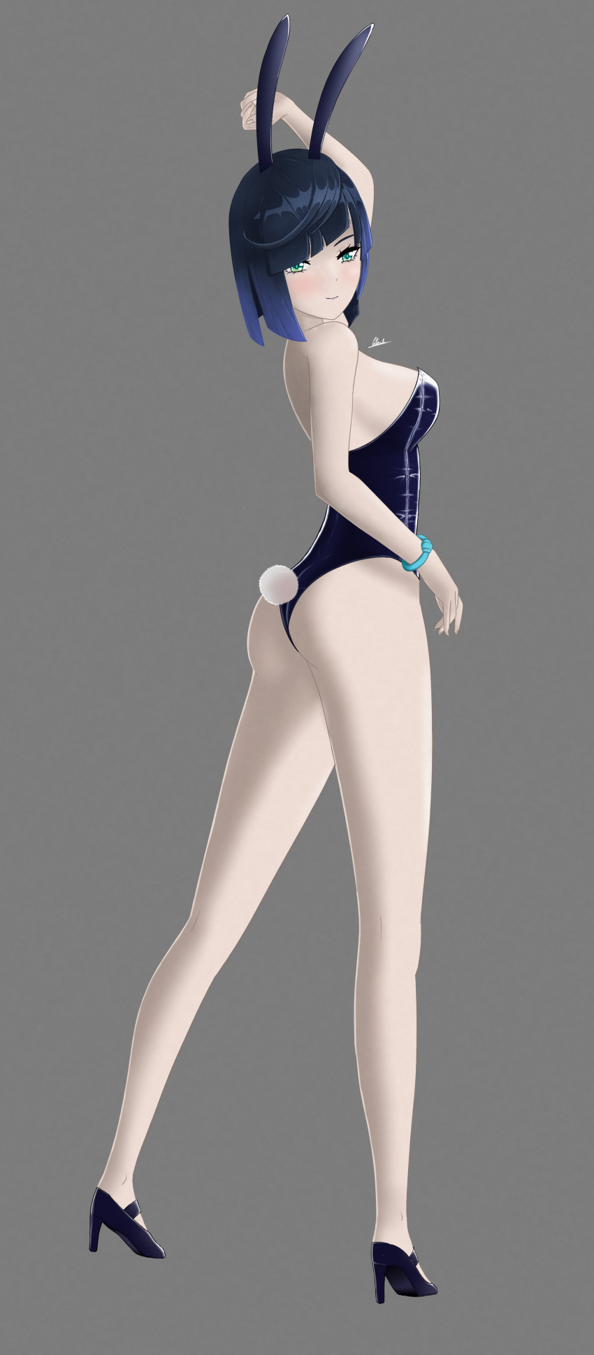 1girl, _(genshin_impact), absurdres, ass, bra, bracelet, breasts, collarbone, female_focus, fingernails, genshin_impact, grey_background, hair_ornament, high_heels, highres, jewelry, kaoyu, large_breasts, lingerie, looking_at_viewer, mihoyo, navel, playboy_bunny, rabbit_ears, rabbit_hair_ornament, ribs, shoes, short_hair, signature, simple_background, solo, underwear, yelan_(genshin_impact)