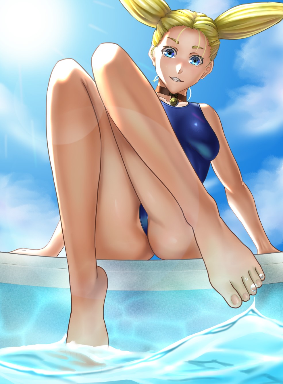 1girl, bare_arms, bare_legs, barefoot, bell, blonde_hair, blue_eyes, blue_one-piece_swimsuit, blue_sky, cloud, day, floating_hair, foreshortening, from_below, grin, highres, jingle_bell, jujutsu_kaisen, lens_flare, long_hair, looking_at_viewer, nishimiya_momo, one-piece_swimsuit, outdoors, poolside, reimei33, school_swimsuit, sky, smile, solo, swimsuit