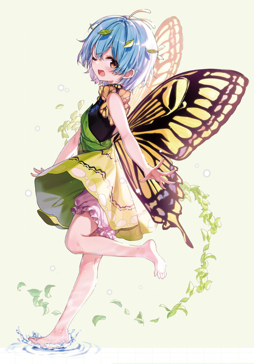 1girl, ;d, antennae, aqua_hair, barefoot, black_dress, bloomers, blush