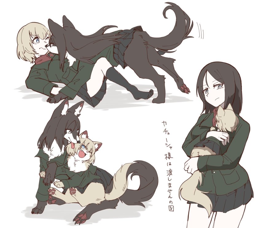 2girls, animal, animalization, black_hair, black_skirt, blonde_hair, blue_eyes, cat