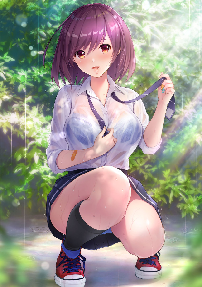 1girl, absurdres, araya_touka, bandaid, bandaid_on_arm, black_socks, blue_bra, blush, bra, breasts, clothes_lift, full_body, highres, holding_necktie, kneehighs, kneeling, koizumi_amane, large_breasts, leaf, lips, looking_at_viewer, necktie, open_mouth, outdoors, panties, pleated_skirt, rain, school_uniform, see-through_clothes, shirt, shoes, short_hair, skirt, skirt_lift, sneakers, socks, solo, striped_clothes, striped_necktie, tsuki_no_kanata_de_aimashou, underwear, wet, wet_clothes, white_panties, white_shirt, yellow_eyes