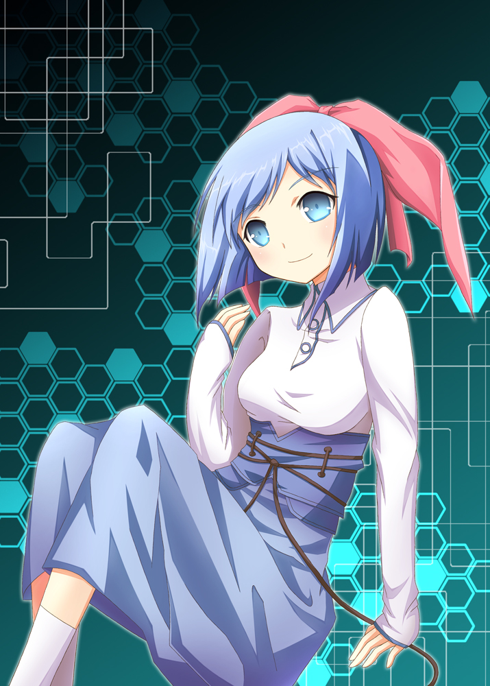 1girl, baldr_(series), baldr_force, blue_eyes, blue_hair, blue_skirt, breasts, collared_shirt