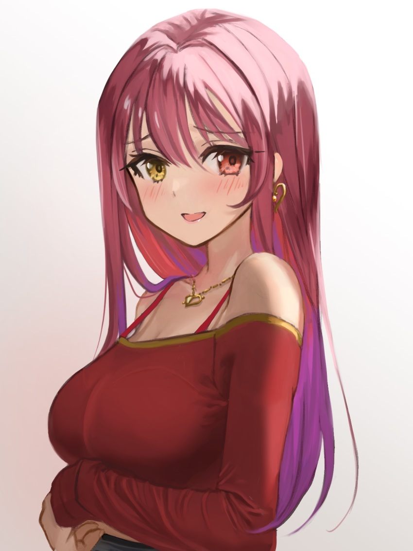 1girl, alternate_costume, alternate_hairstyle, blush, bra_strap, breasts, brown_background, casual, commentary, earrings, furrowed_brow, gradient_background, gradient_hair, hair_between_eyes, hair_down, heart, heart_earrings, heart_necklace, heterochromia, highres, hololive, houshou_marine, jewelry, kizaminori, long_hair, long_sleeves, looking_at_viewer, medium_breasts, multicolored_hair, necklace, off-shoulder_shirt, off_shoulder, open_mouth, purple_hair, red_eyes, red_hair, red_shirt, shirt, simple_background, smile, solo, straight_hair, two-tone_hair, upper_body, virtual_youtuber, yellow_eyes