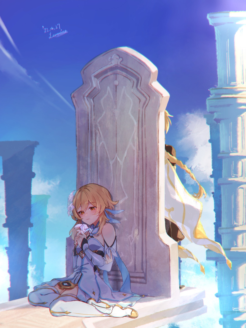 1boy, 1girl, aether_(genshin_impact), bare_shoulders, black_pants, black_shirt, blonde_hair, blue_sky, blush, boots, braid, breasts, brother_and_sister, closed_mouth, cloud, commentary_request, dated, day, detached_sleeves, dress, flower, genshin_impact, hair_between_eyes, hair_flower, hair_ornament, highres, holding, holding_flower, hozumi_rino, long_hair, long_sleeves, lumine_(genshin_impact), medium_breasts, outdoors, pants, puffy_pants, red_eyes, shirt, short_sleeves, siblings, signature, single_braid, sky, thighhighs, thighhighs_under_boots, very_long_hair, white_dress, white_flower, white_footwear, white_sleeves, white_thighhighs