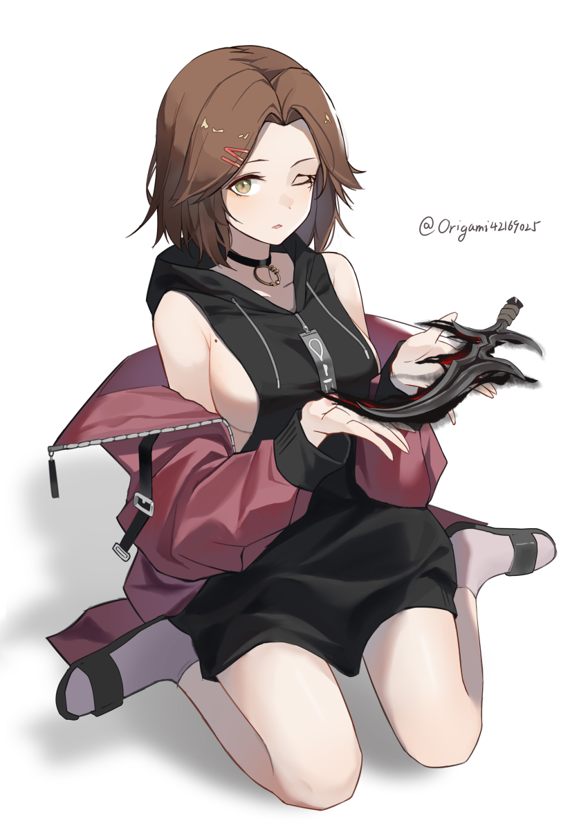 1girl, absurdres, alternate_costume, bare_shoulders, black_dress, black_knife_(elden_ring), breasts, brown_hair, collarbone, commentary_request, contemporary, dagger, dress, elden_ring, facial_tattoo, forehead, green_eyes, hair_ornament, hairclip, highres, holding, holding_knife, holding_weapon, hood, hood_down, hooded_dress, jacket, knife, long_sleeves, looking_at_viewer, medium_breasts, melina_(elden_ring), mole, mole_on_breast, off_shoulder, one_eye_closed, open_clothes, open_jacket, origami42169025, pink_jacket, short_hair, sideboob, simple_background, sitting, sleeveless, sleeveless_dress, solo, tattoo, twitter_username, wariza, weapon, white_background
