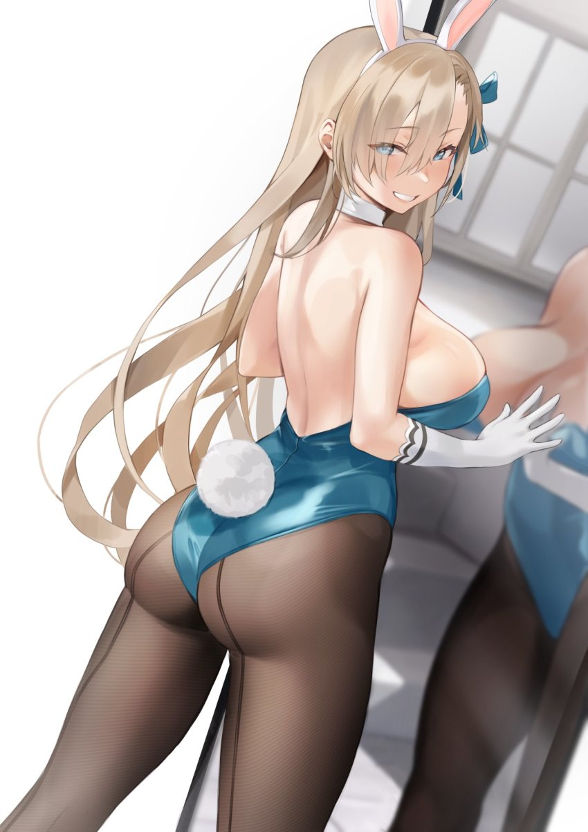 1girl, animal_ears, ass, asuna_(blue_archive), asuna_(bunny)_(blue_archive), black_pantyhose, blue_archive, blue_eyes