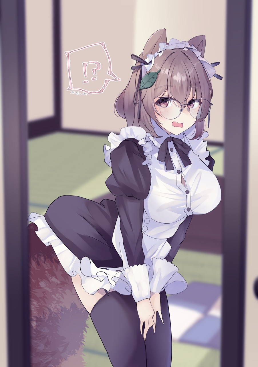 !?, 1girl, animal_ears, aoko_(myut7287), apron, black_dress, black_legwear, brown_eyes