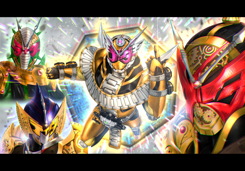 4boys, antennae, arm_blade, armor, back-to-back, belt, black_armor, black_boots, black_cape, blue_sky, bodysuit, boots, buckle, cape, clenched_hand, clock_hands, clockwork, commentary_request, compound_eyes, cowboy_shot, dark_background, fins, flying, future, gears, gloves, glowing, glowing_eyes, gold_trim, helmet, highres, horns, index_finger_raised, kamen_rider, kamen_rider_barlckxs, kamen_rider_zamonas, kamen_rider_zi-o, kamen_rider_zi-o_(series), kamen_rider_zi-o_ouma, kamen_rider_zi-o_the_movie:over_quartzer, kamen_rider_zonjis, katakana, letterboxed, loincloth, looking_at_viewer, male_focus, mask, multiple_boys, official_alternate_costume, ouma_zi-o_rider_watch, pauldrons, pink_eyes, red_eyes, rider_belt, rider_watch, ryukawa, shoulder_armor, single_horn, sky, solo, sword, tokusatsu, trait_connection, vambraces, weapon, yellow_eyes, ziku_driver