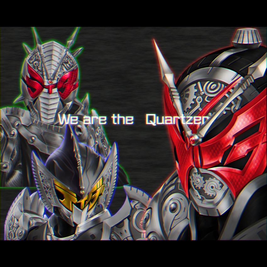 3boys, antennae, arm_blade, armor, belt, black_armor, black_cape, bodysuit