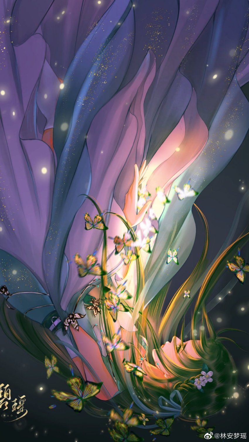 1girl, bi_yao_(zhu_xian), brown_hair, bug, butterfly, dark, falling, flower