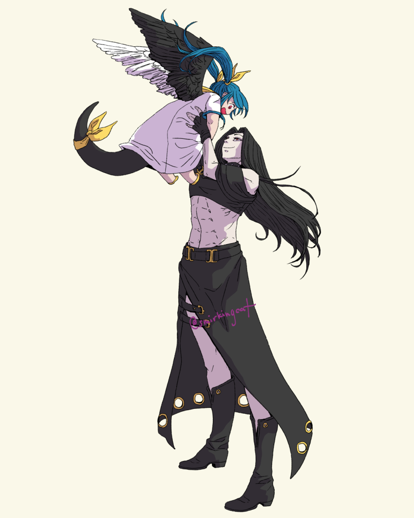 1boy, 1girl, abs, aged_down, androgynous, angel_wings, asymmetrical_wings, black_hair