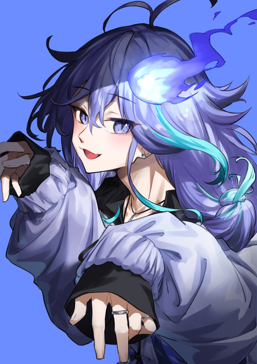 1boy, absurdres, black_shirt, blue_background, blue_eyes, blue_fire, blue_hair, blue_jacket