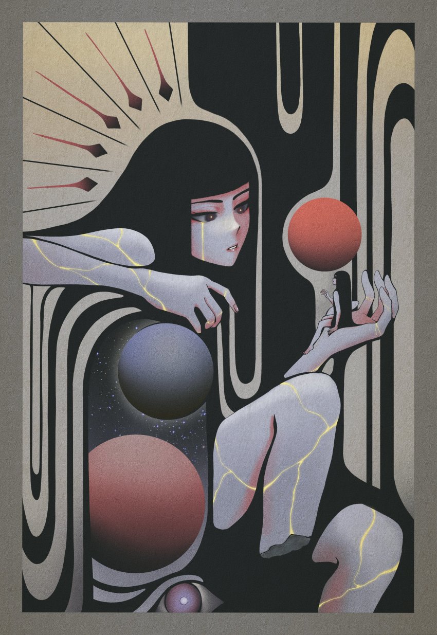 2girls, abstract, absurdres, amputee, barefoot, black_hair, blunt_bangs, crack, dhjs_0010, highres, holding_person, mini_person, minigirl, multiple_girls, orb, original, parted_lips, surreal