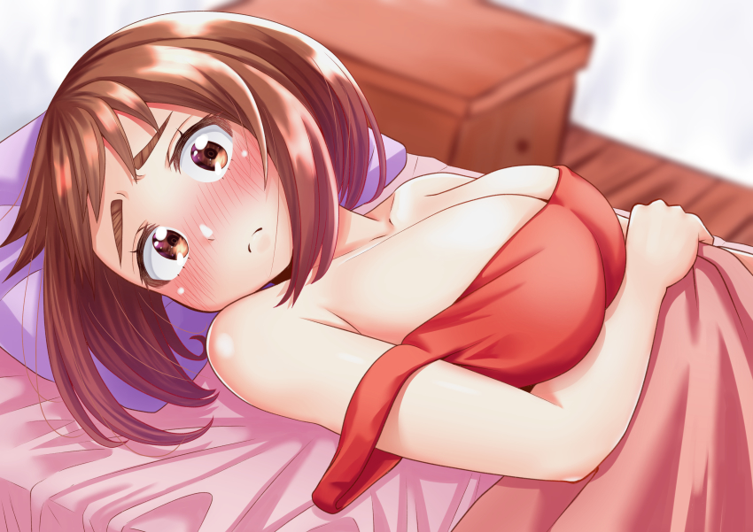 1girl, absurdres, bare_shoulders, bed, blanket, blush, boku_no_hero_academia, breasts