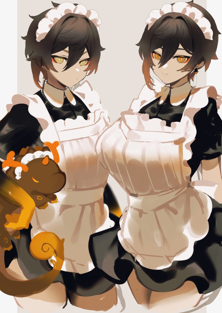 2girls, alternate_costume, apron, black_dress, black_hair, blush, breasts, clone
